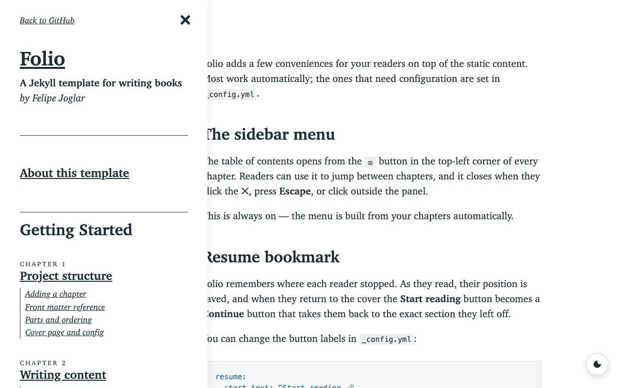 Folio chapter with sidebar open